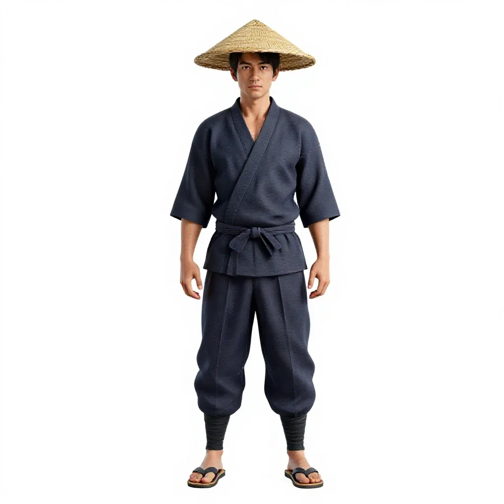 Ronin with a straw hat isolated on a white background