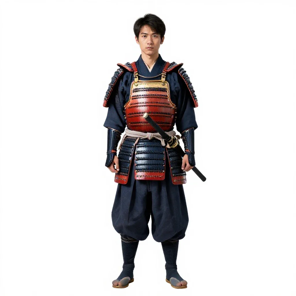 Samurai in lacquered armour isolated on a white background
