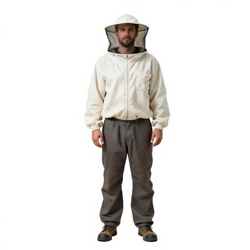 Beekeeper in a veiled suit isolated on a white background