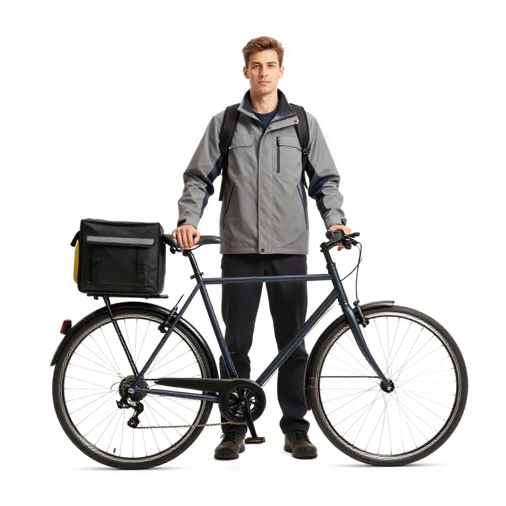 Bicycle courier with a messenger bag isolated on a white background