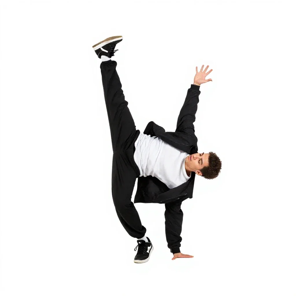 Breakdancer freezing a pose isolated on a white background