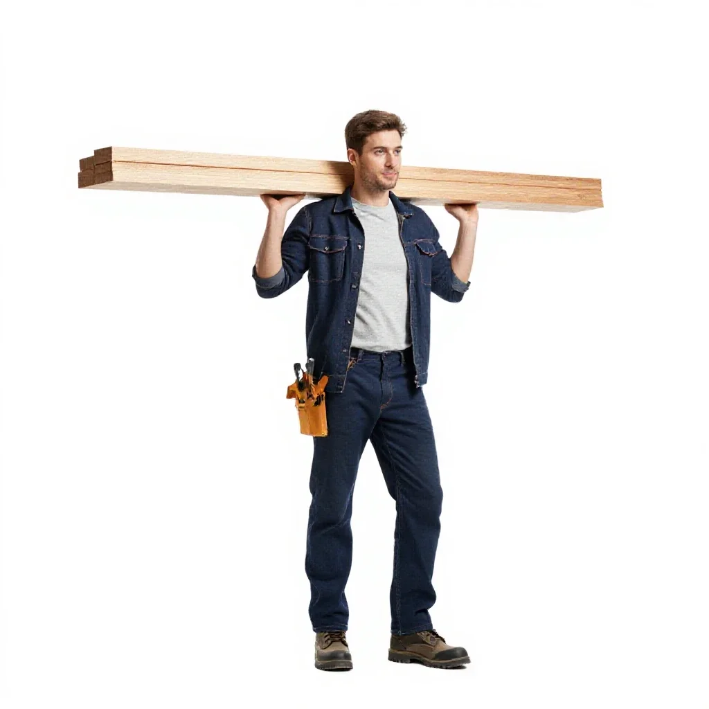 Carpenter shouldering timber isolated on a white background