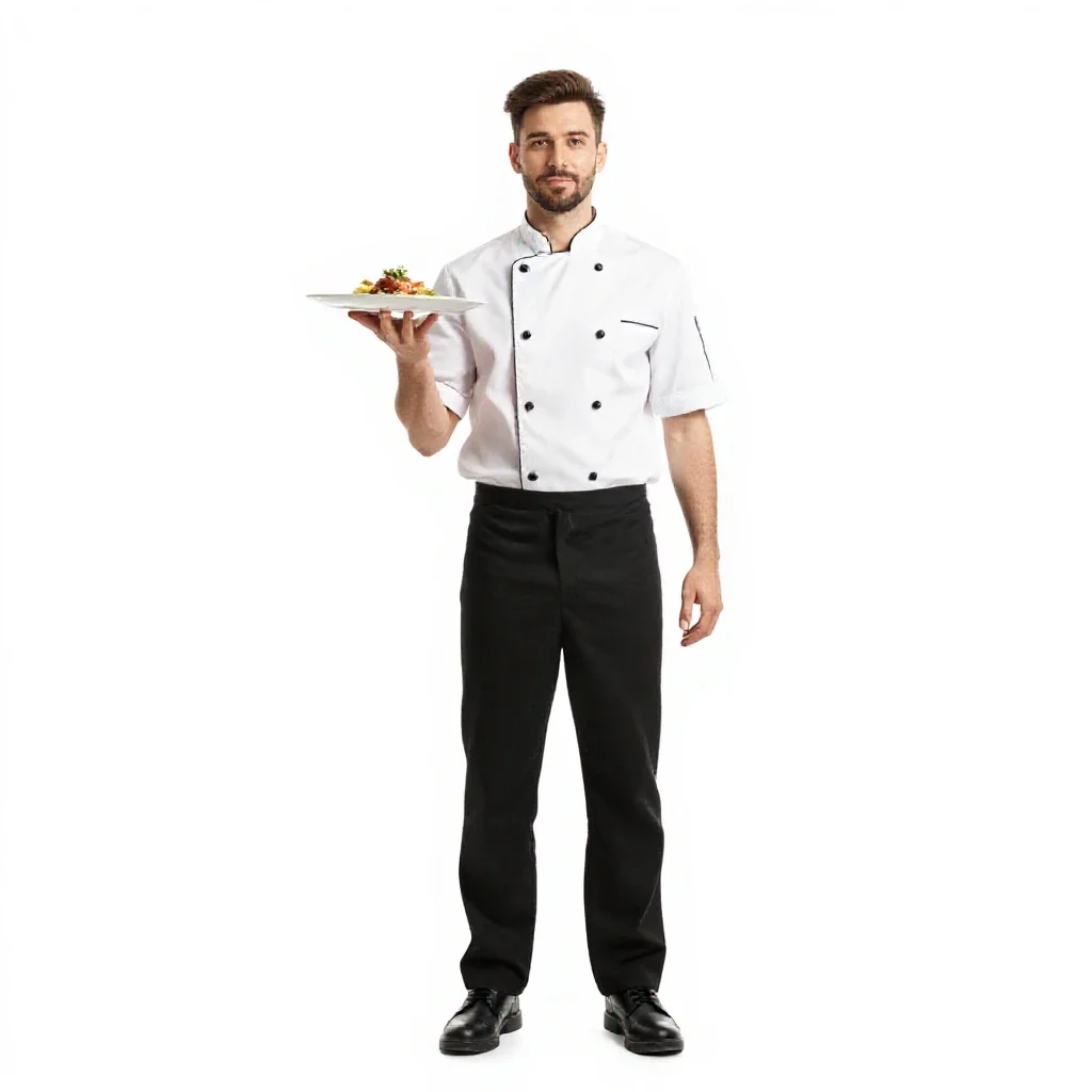 Chef plating a dish isolated on a white background