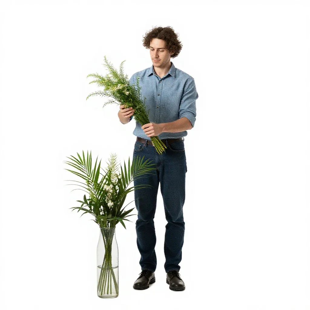 Florist arranging stems isolated on a white background
