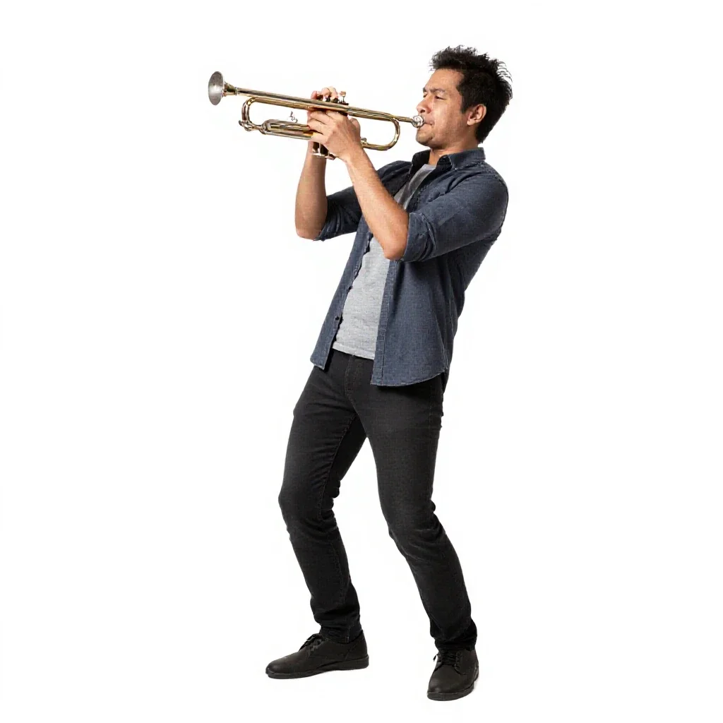 Jazz trumpeter mid-performance isolated on a white background