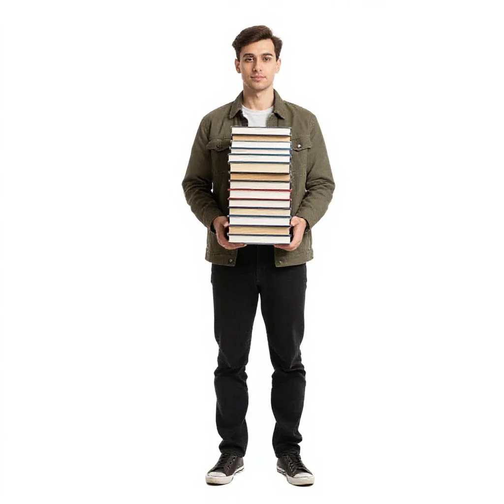 Librarian with a stack of books isolated on a white background