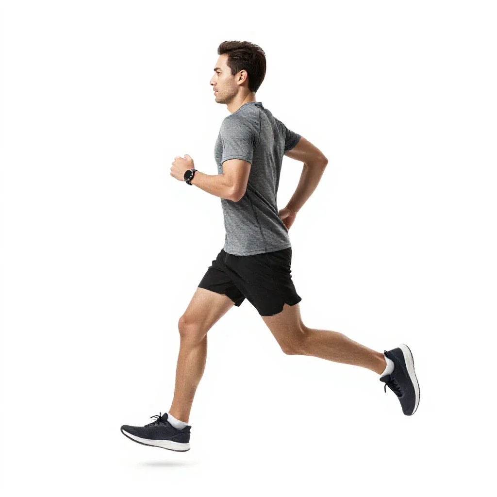 Long-distance runner mid-stride isolated on a white background