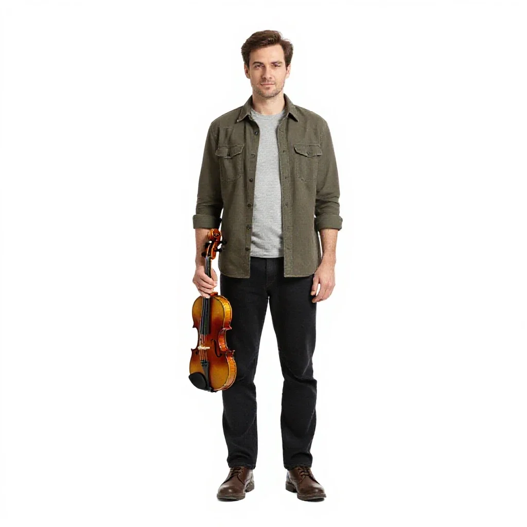 Luthier holding a violin isolated on a white background