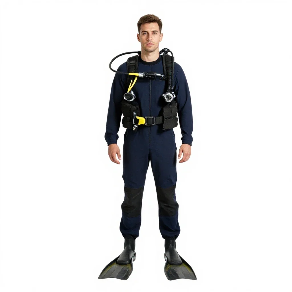 Rescue diver with fins isolated on a white background