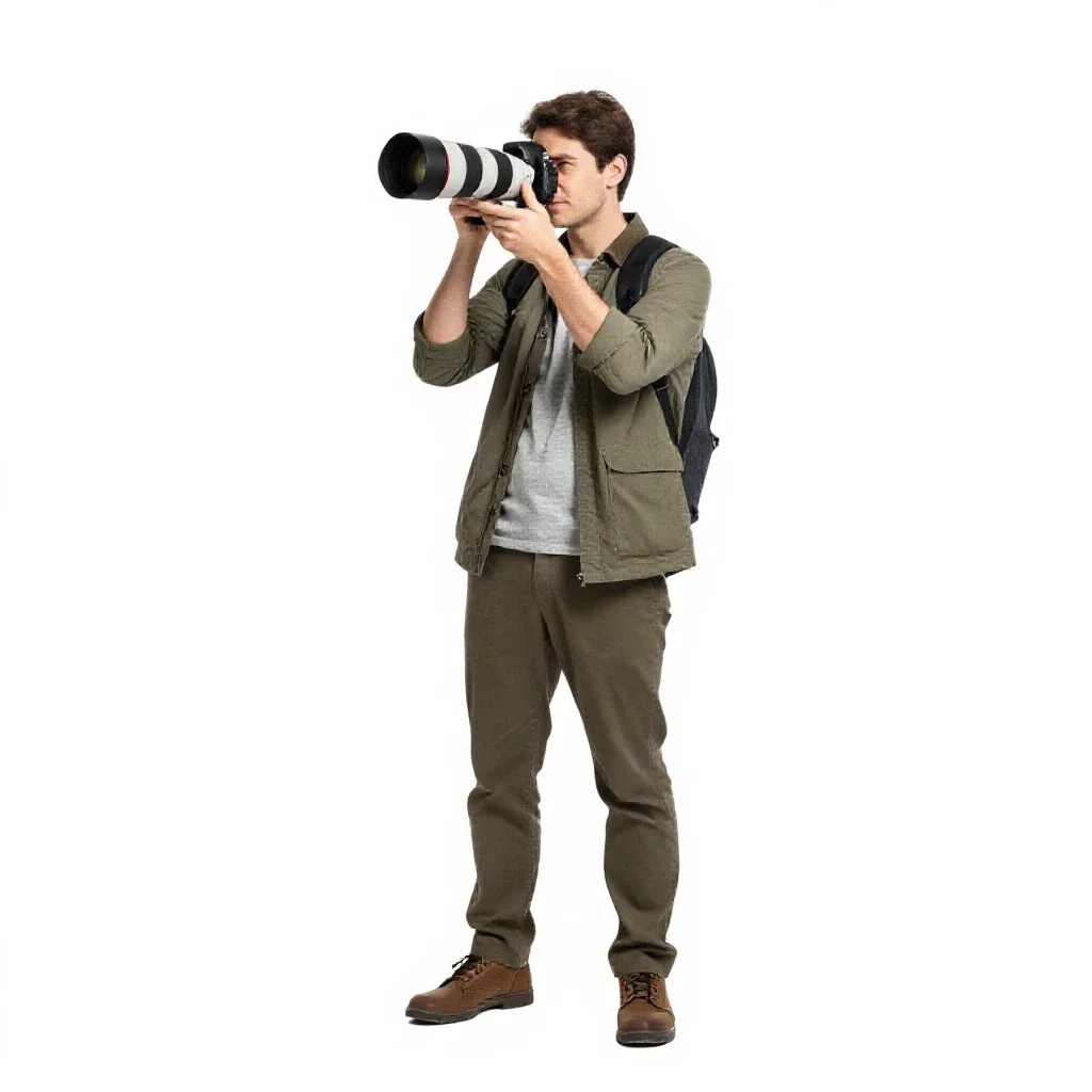 Wildlife photographer with a long lens isolated on a white background
