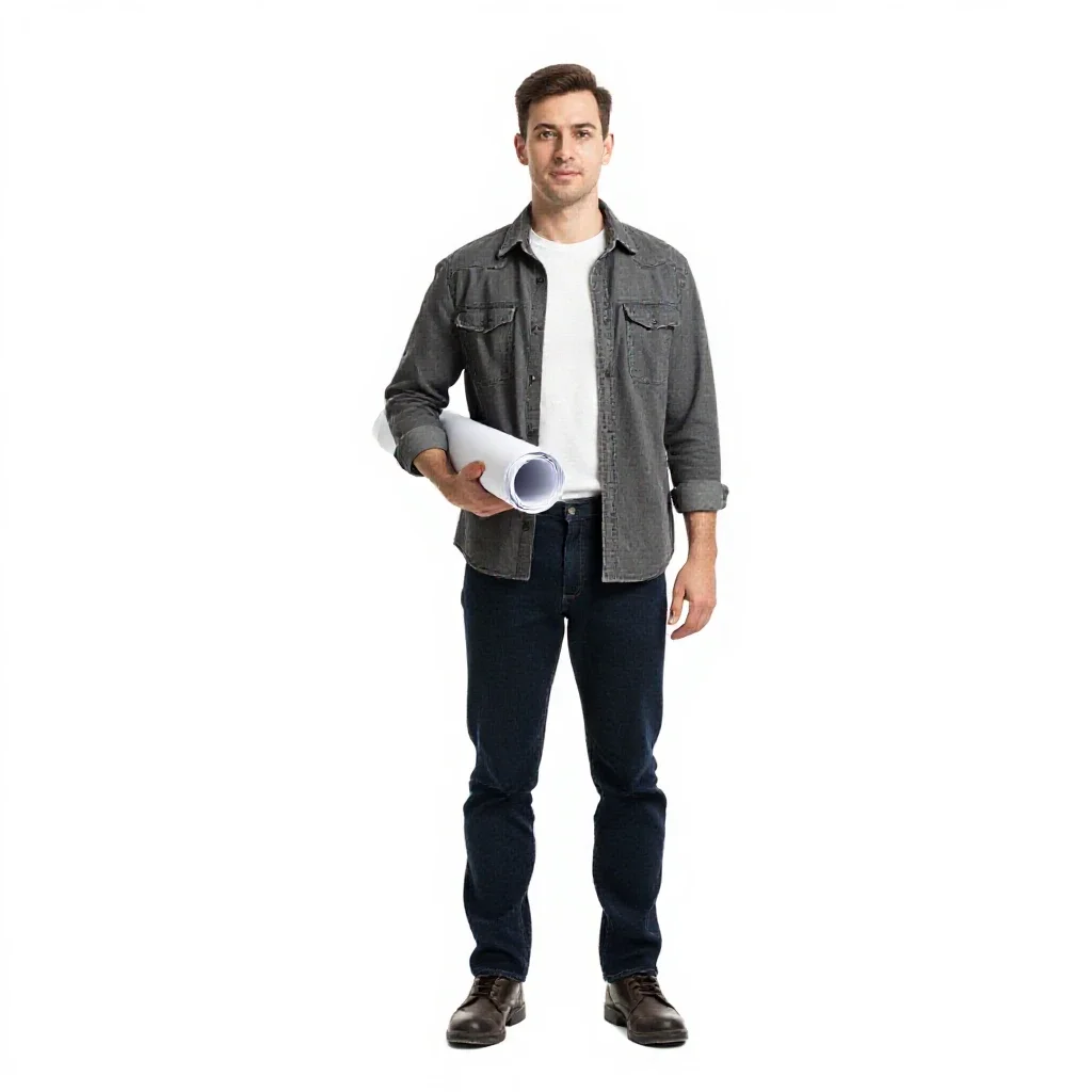 Architect carrying rolled plans isolated on a white background