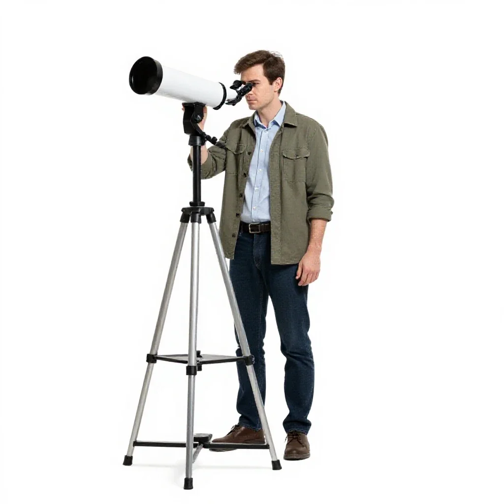 Astronomer at a telescope eyepiece isolated on a white background