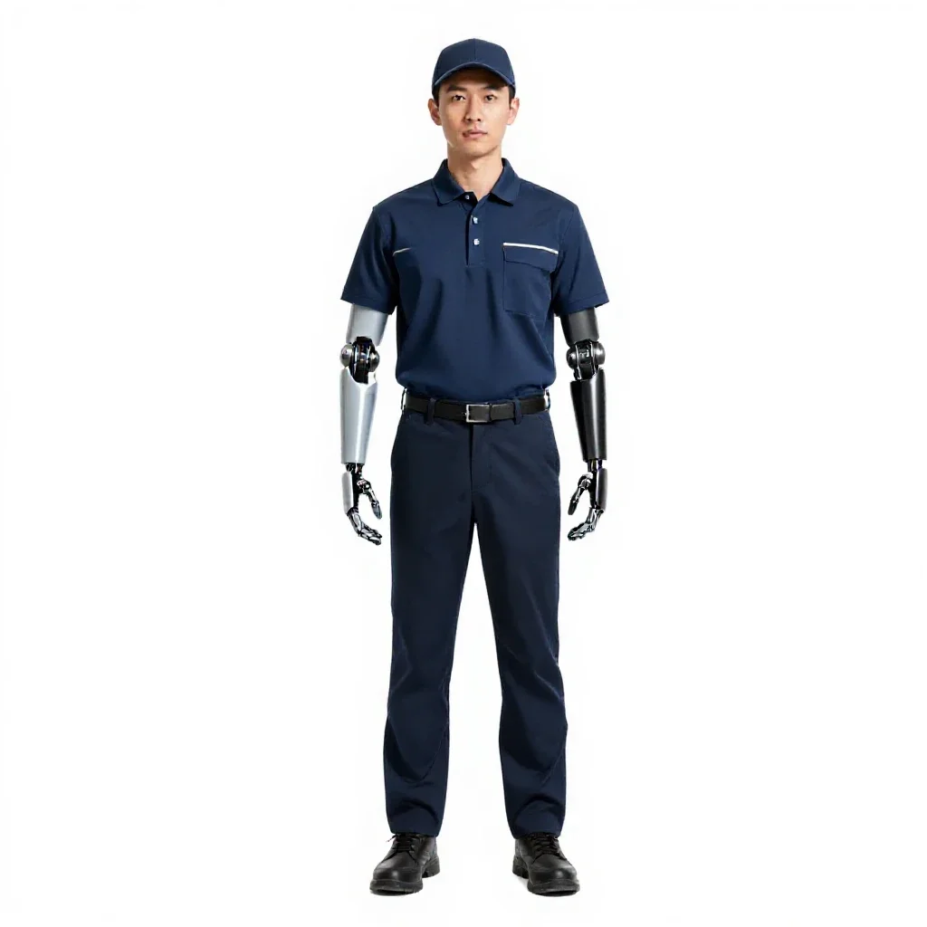 Courier with a cybernetic arm isolated on a white background