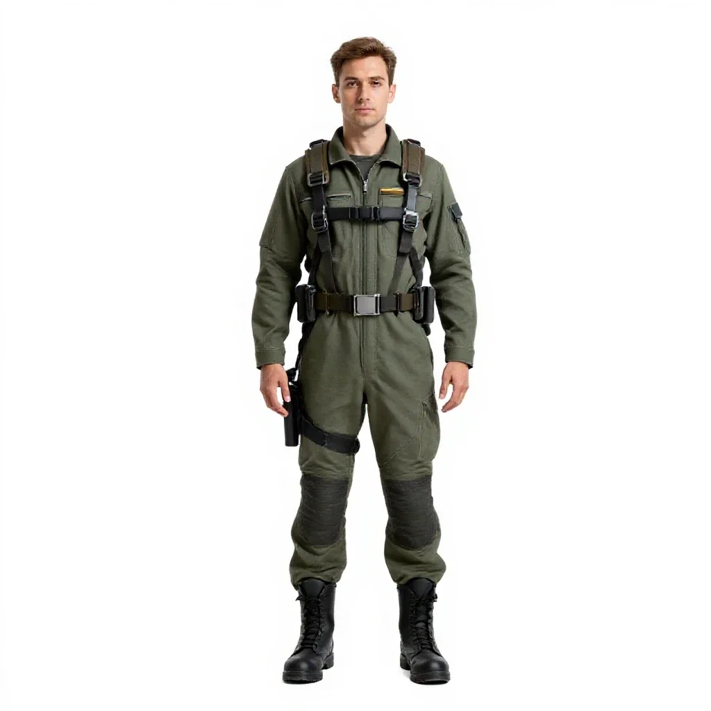 Mech pilot in a flight harness isolated on a white background