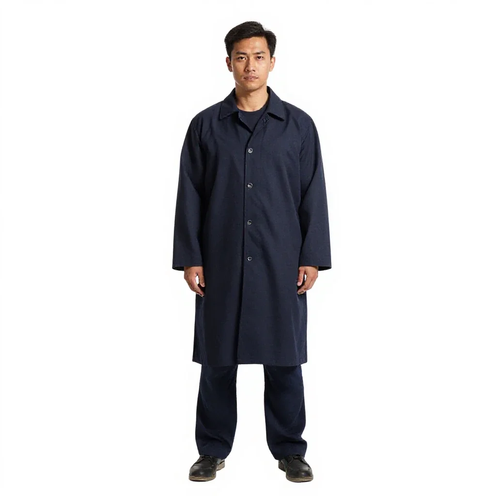Street samurai in a long coat isolated on a white background
