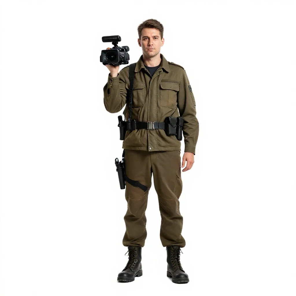 War correspondent with a hovering camera isolated on a white background