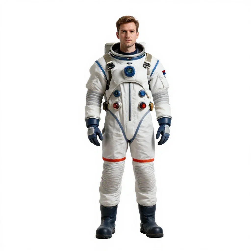 Orbital station engineer in a pressure suit isolated on a white background