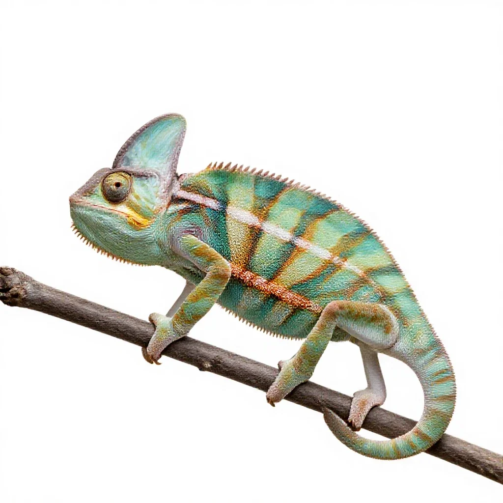 Chameleon on a branch isolated on a white background