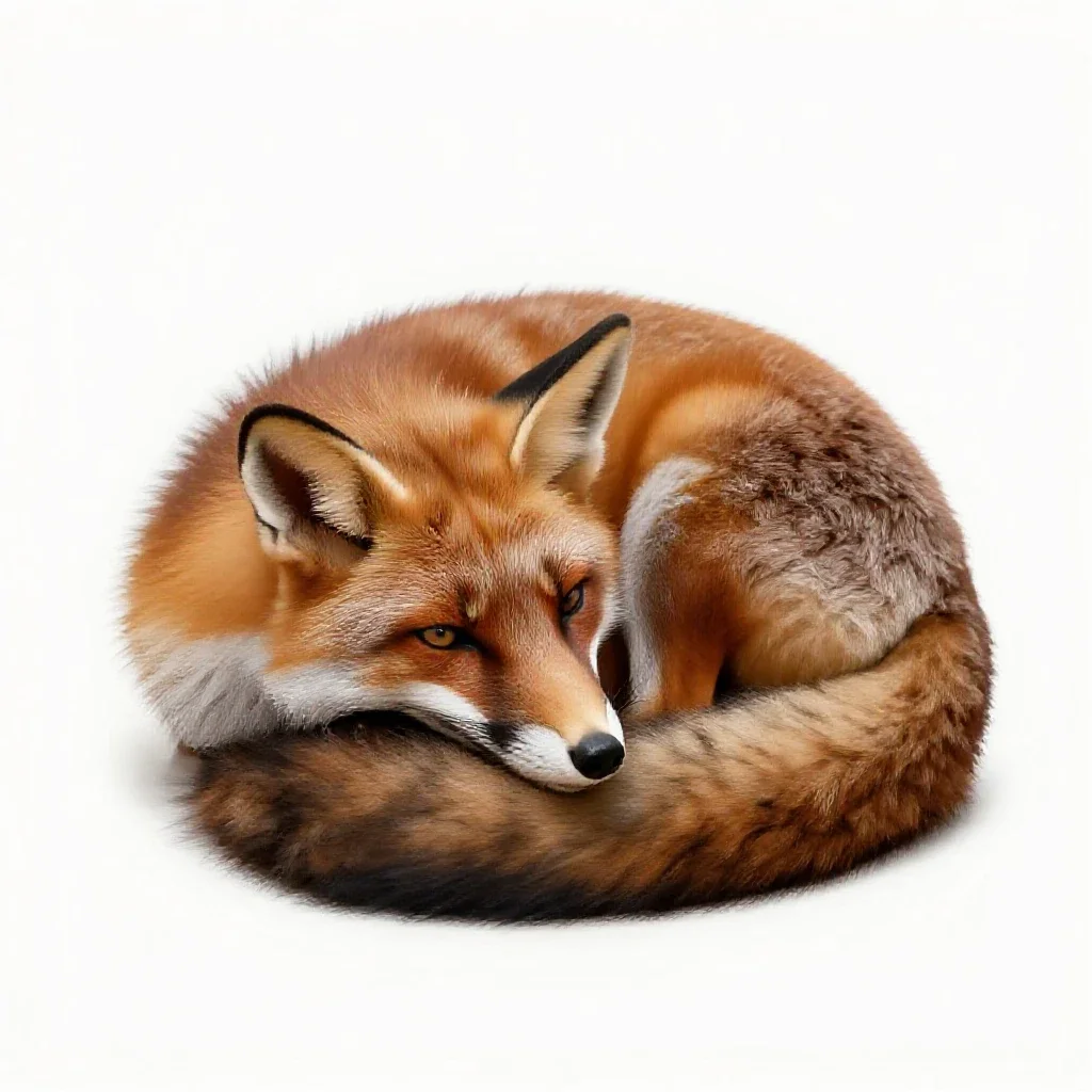 Red fox curled asleep isolated on a white background
