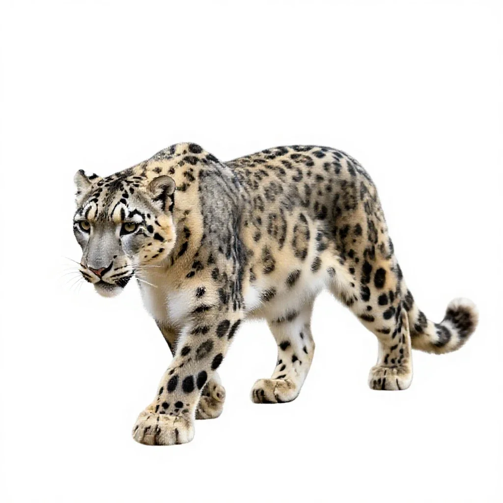 Snow leopard mid-prowl isolated on a white background