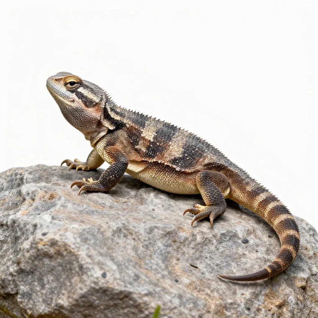 Tuatara on a rock isolated on a white background