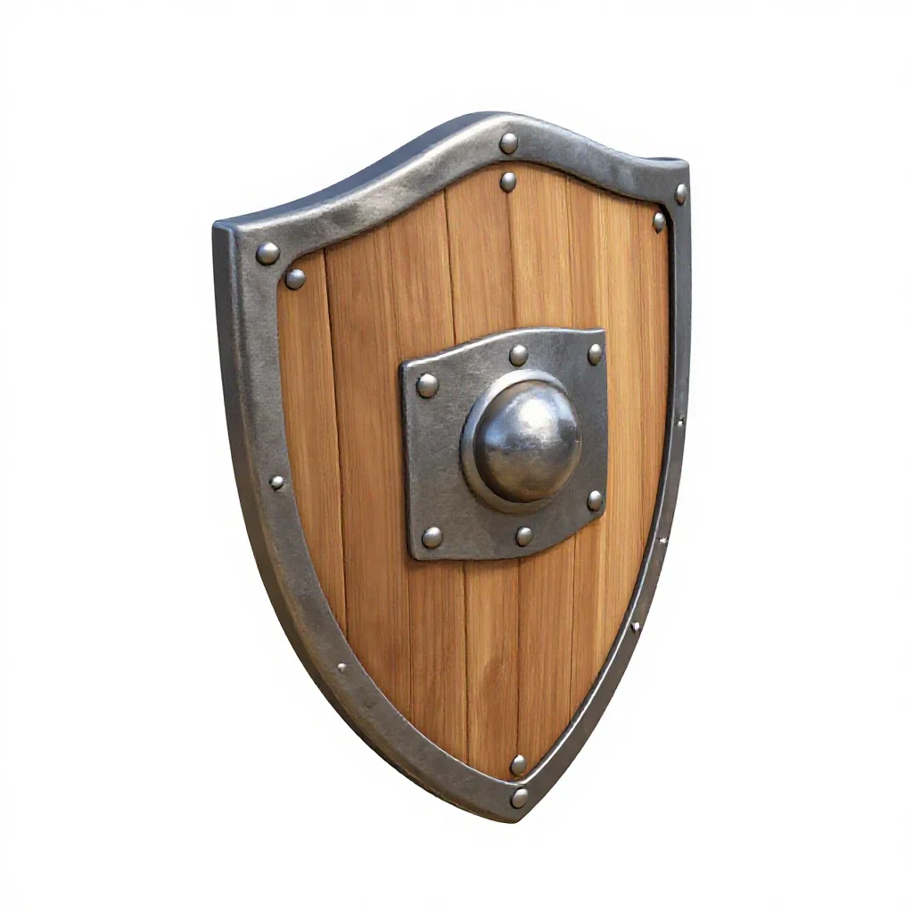 Wooden shield with an iron boss isolated on a white background