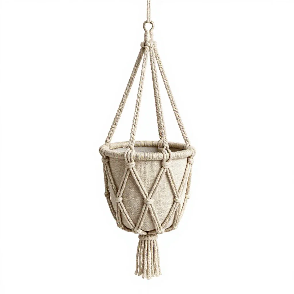Hanging macrame planter isolated on a white background
