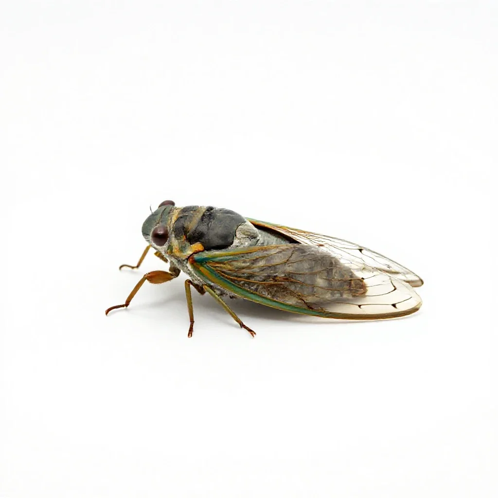 Cicada mid-song isolated on a white background