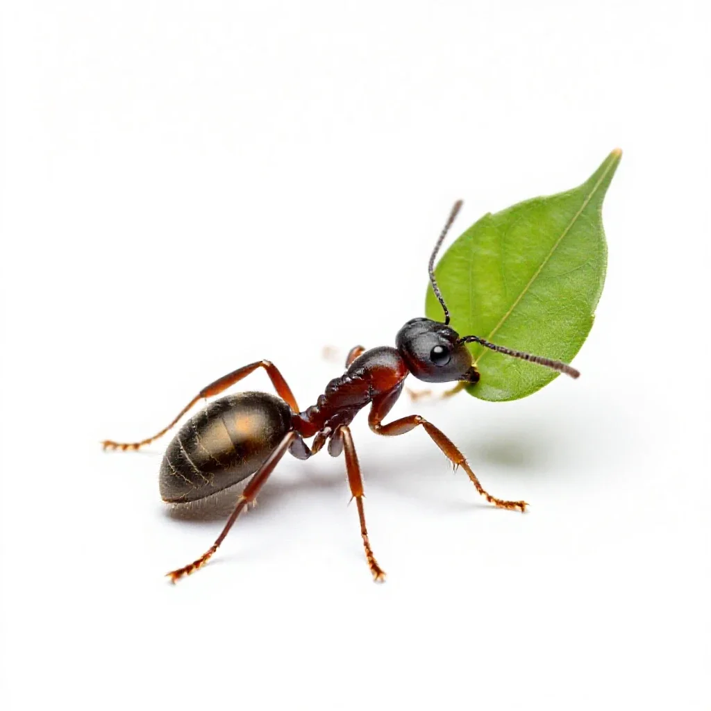 Leafcutter ant carrying a leaf isolated on a white background