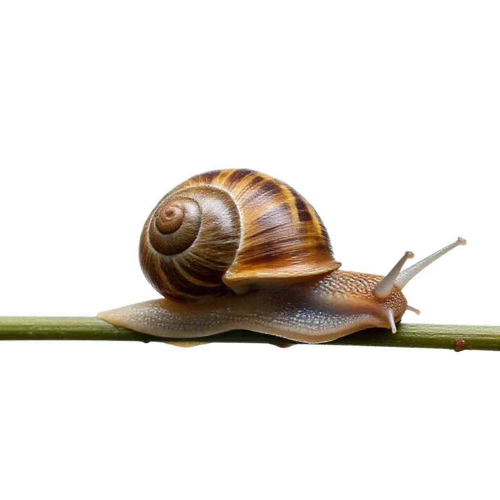 Snail on a wet stem isolated on a white background