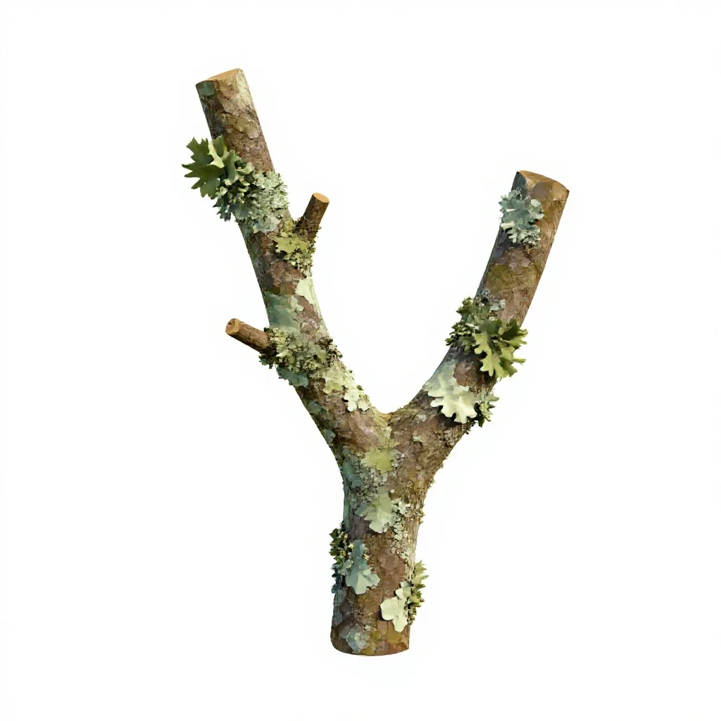 Lichen-covered twig isolated on a white background