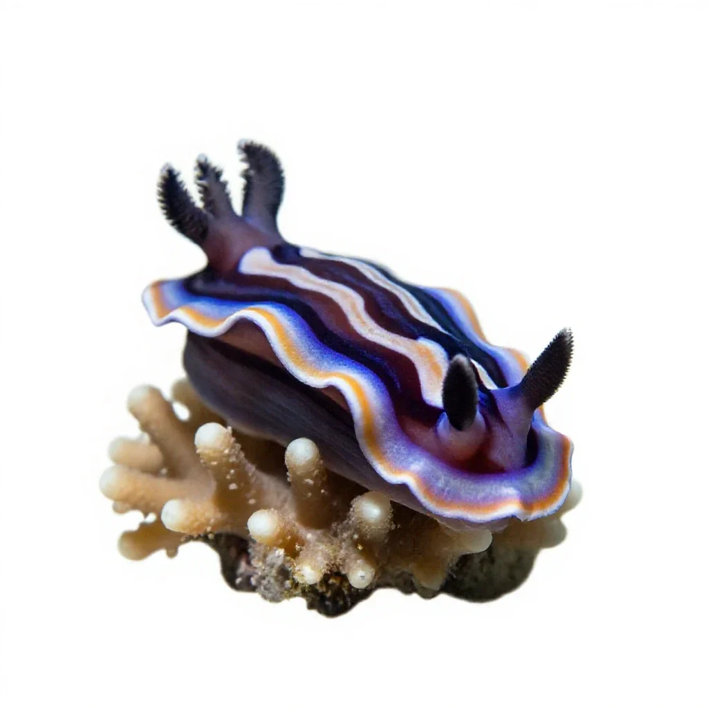 Nudibranch on coral isolated on a white background