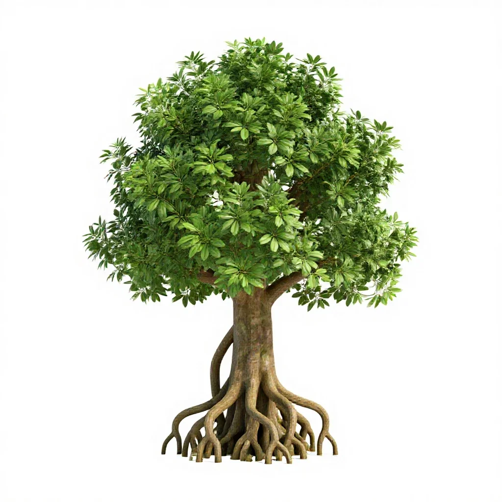Banyan with aerial roots isolated on a white background