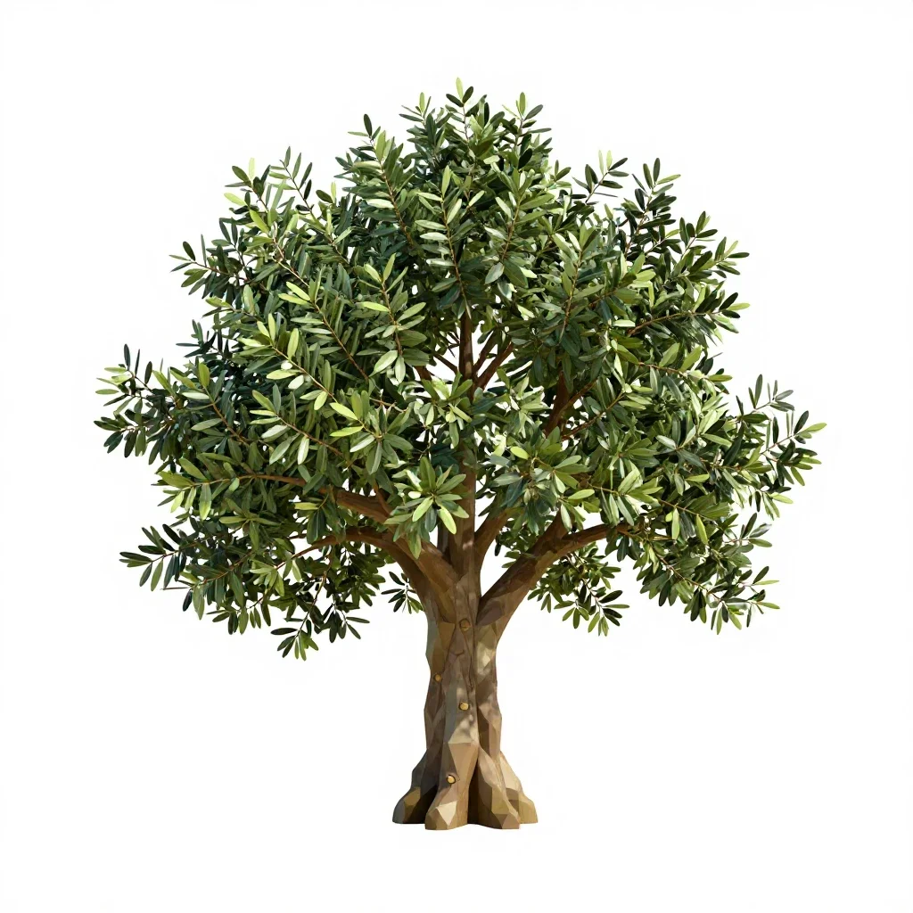 Olive tree with a gnarled trunk isolated on a white background