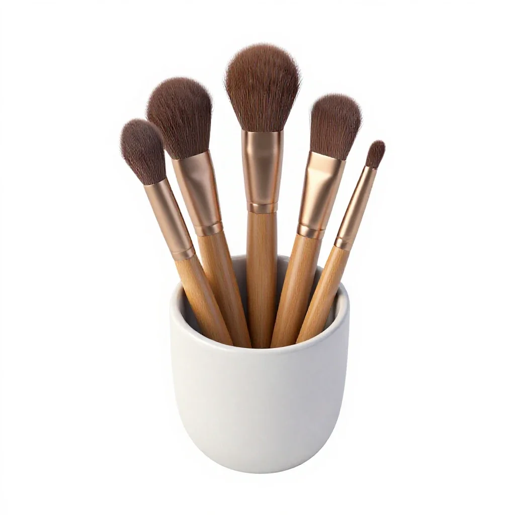 Makeup brush set in a cup isolated on a white background