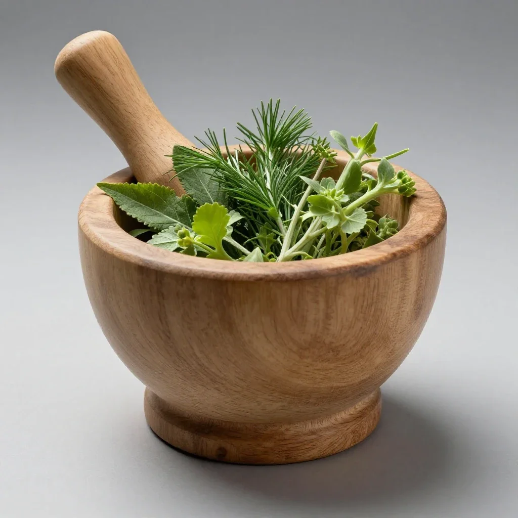 Mortar of glowing herbs isolated on a white background