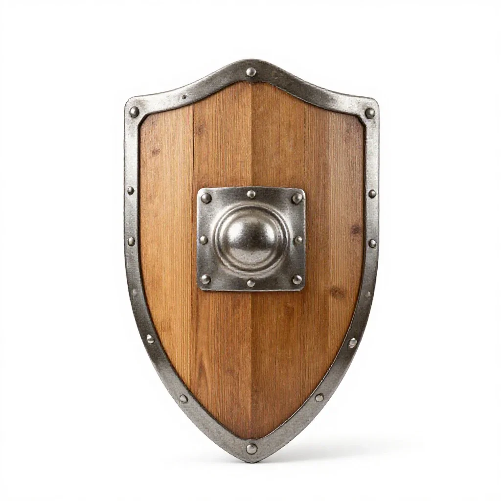 Wooden shield with an iron boss isolated on a white background