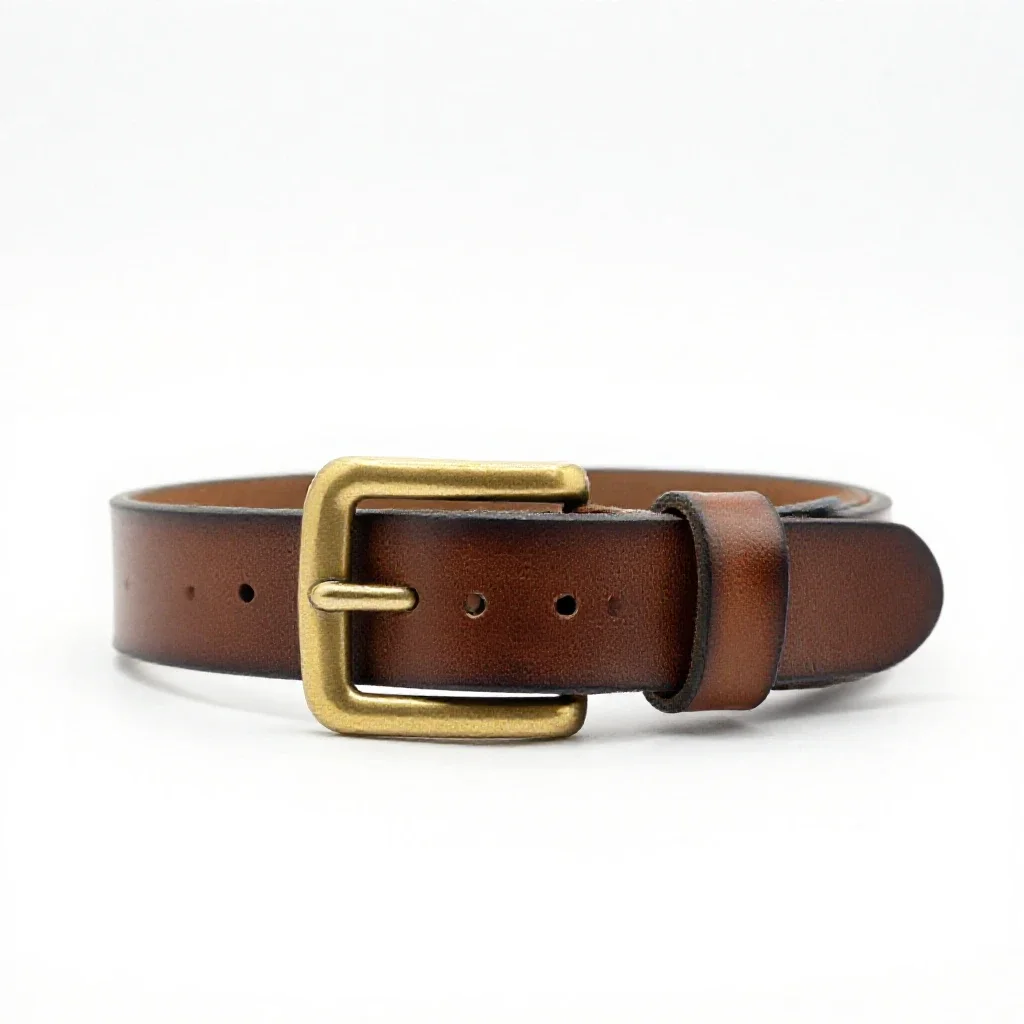 Leather belt with a brass buckle isolated on a white background