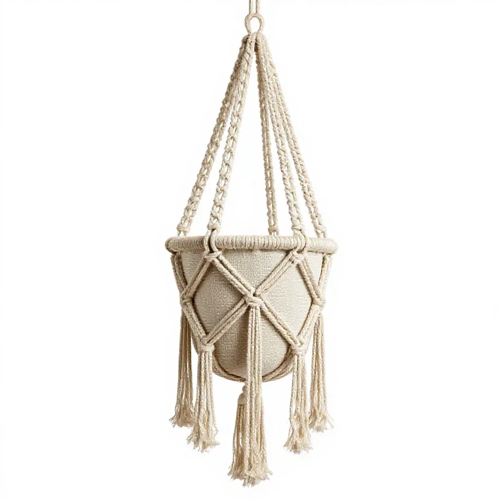 Hanging macrame planter isolated on a white background