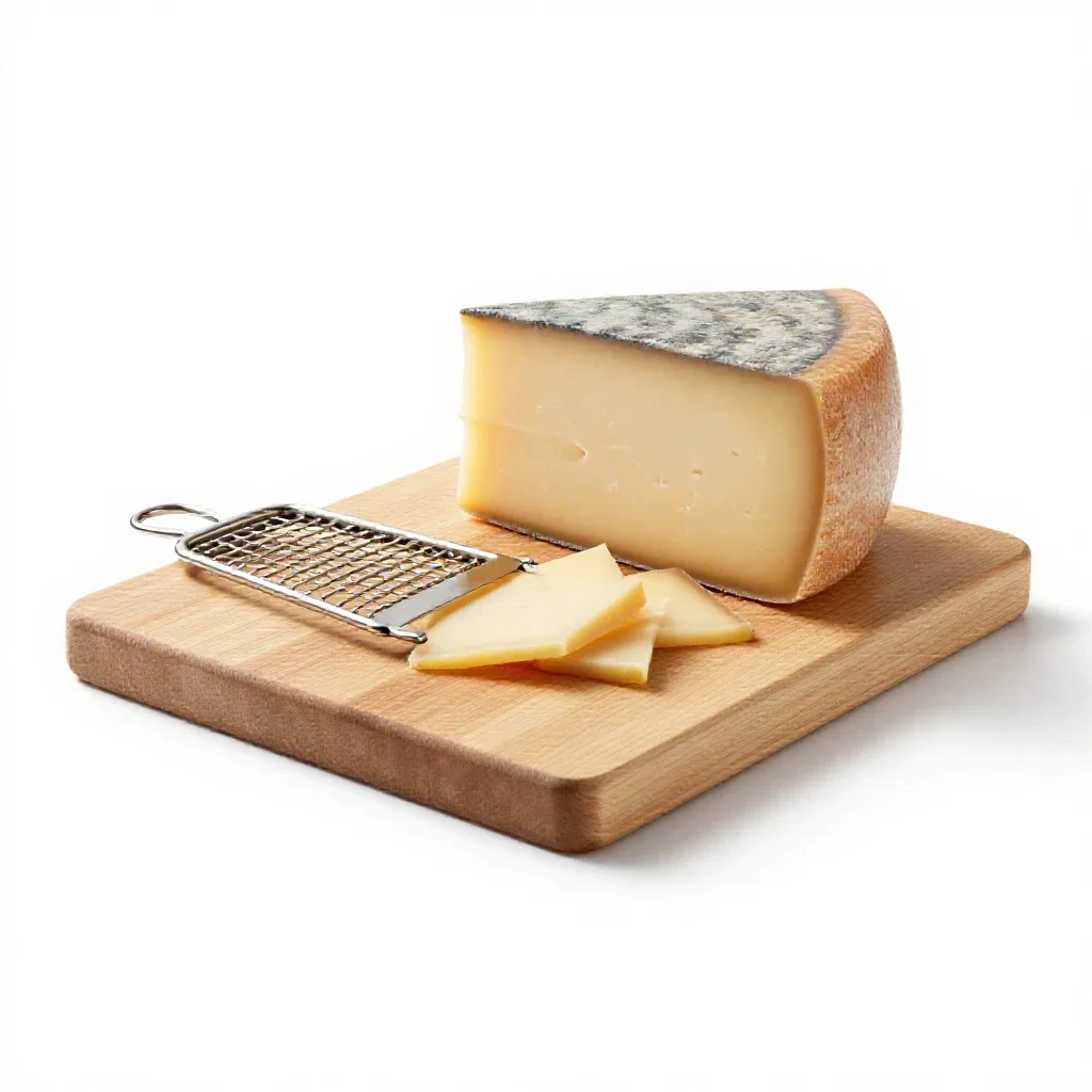 Cheese board with a wire slicer isolated on a white background