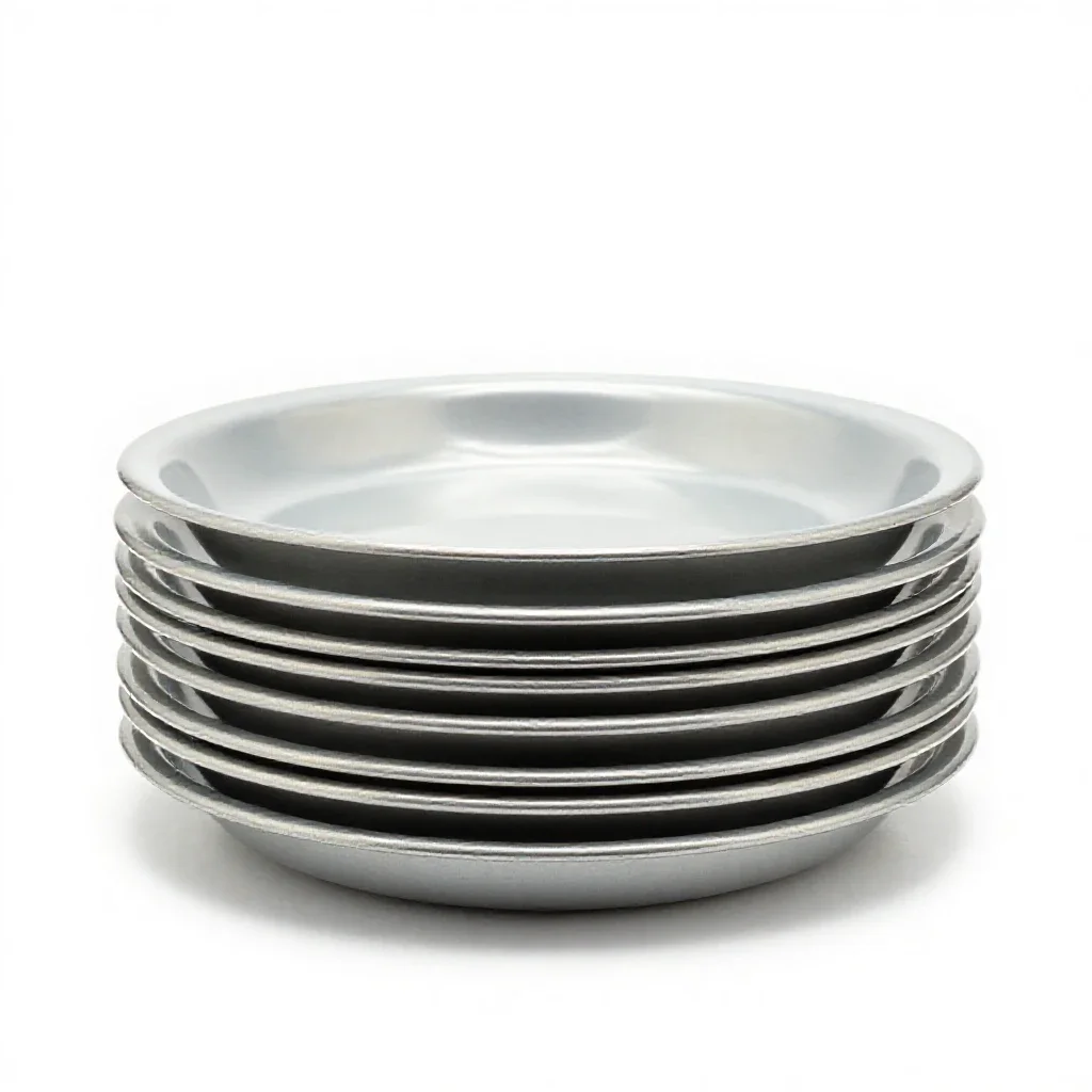 Stack of enamel camping plates isolated on a white background