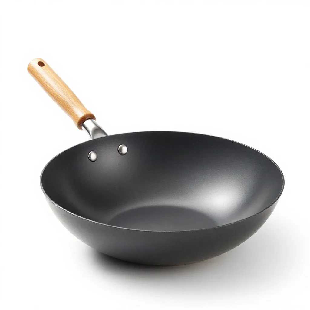 Wok with a wooden handle isolated on a white background