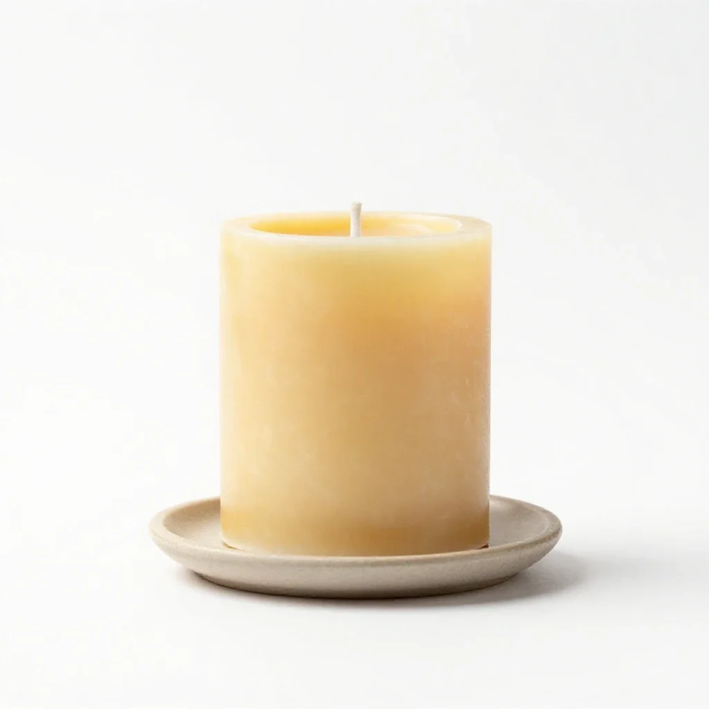 Beeswax pillar candle on a holder isolated on a white background
