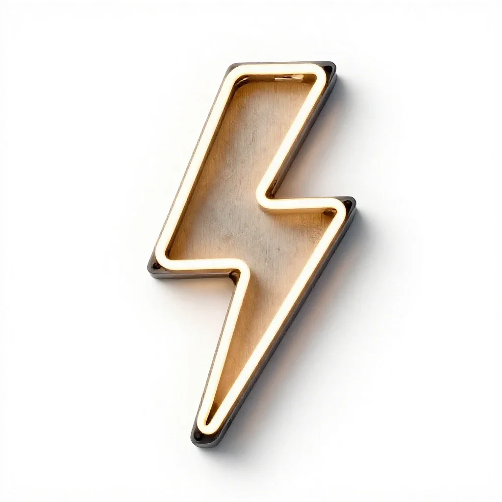 Neon sign shaped like a lightning bolt isolated on a white background