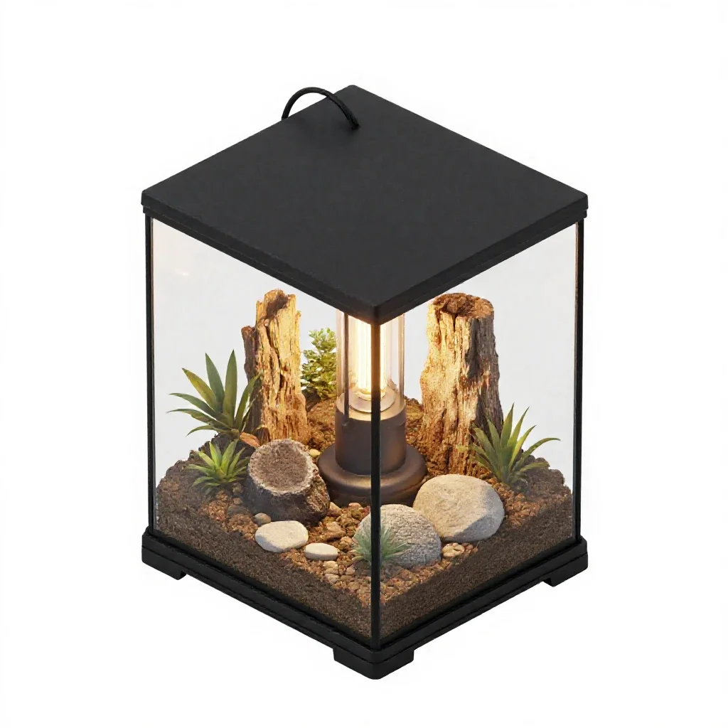 Terrarium with a heat lamp isolated on a white background