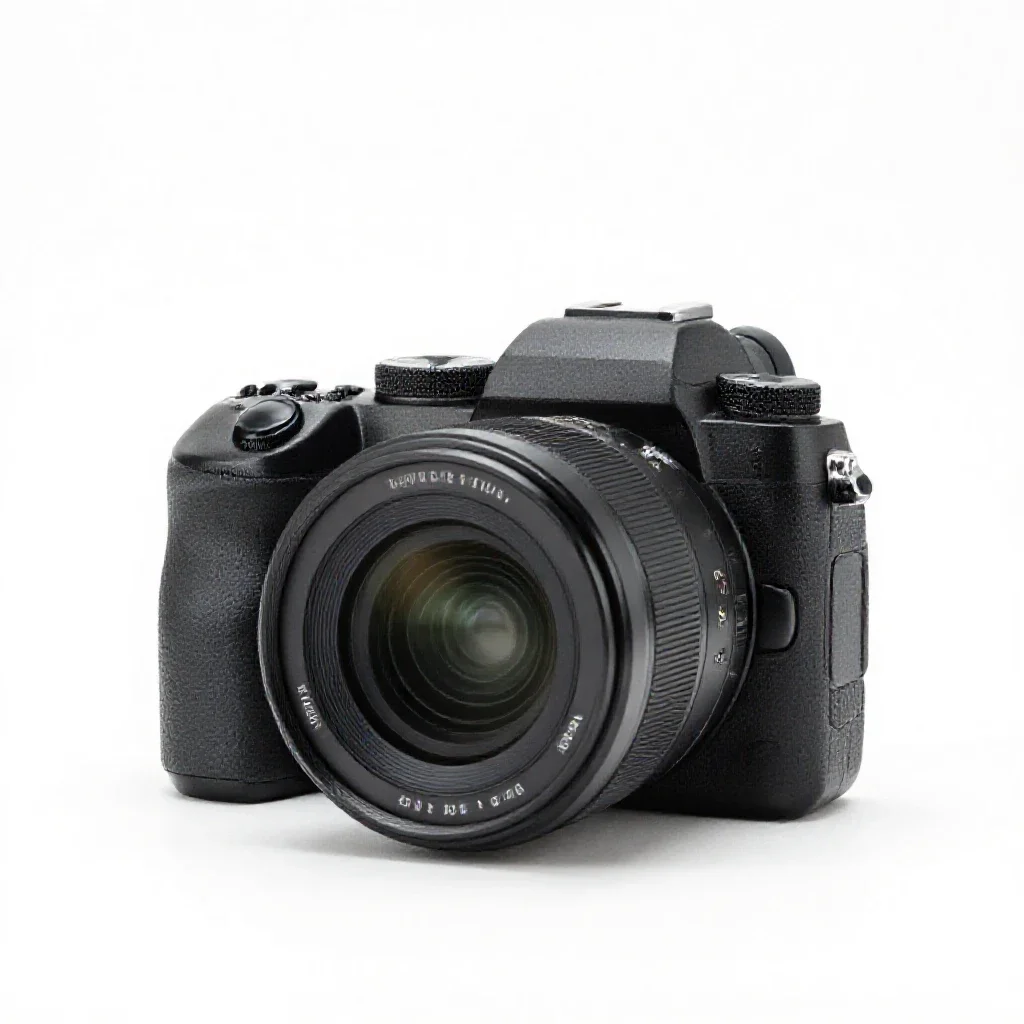 Mirrorless camera with a prime lens isolated on a white background
