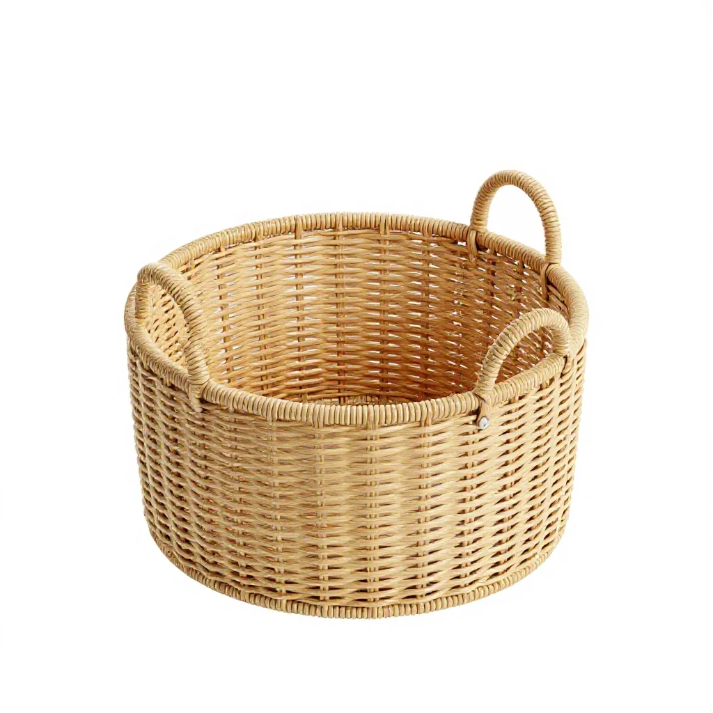 Woven storage basket with handles isolated on a white background
