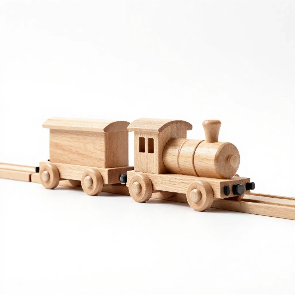 Wooden train track piece isolated on a white background