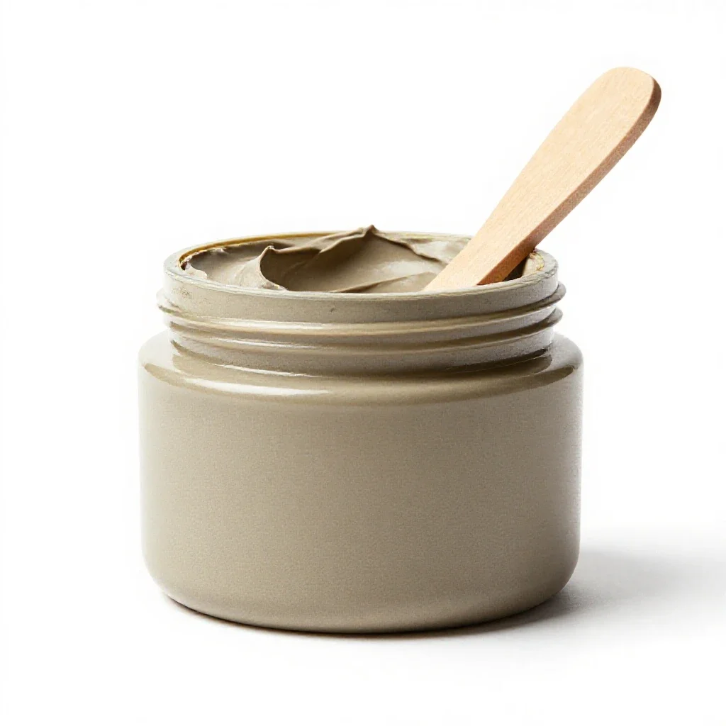 Clay mask jar with a spatula isolated on a white background