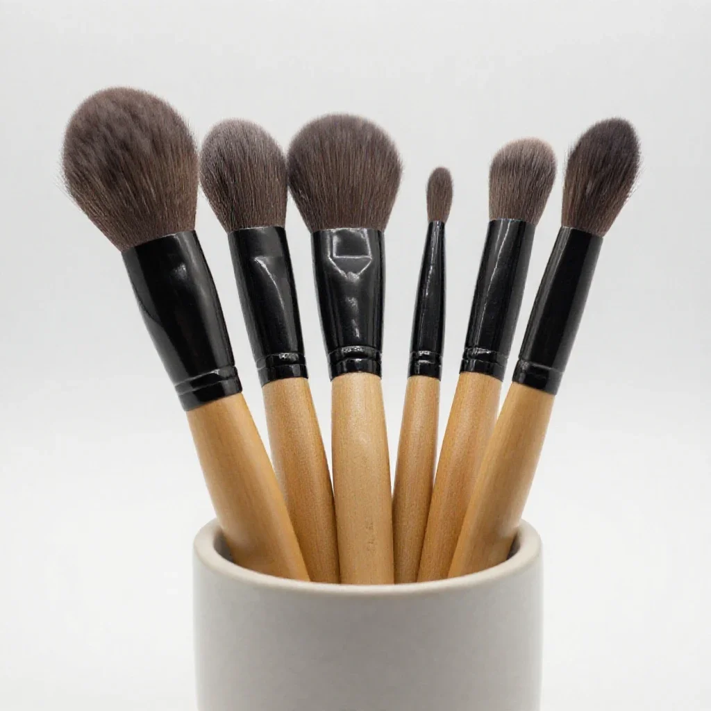 Makeup brush set in a cup isolated on a white background